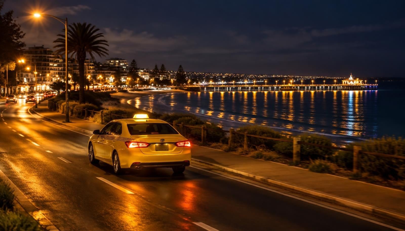 Frankston taxi driving beside the bay at night